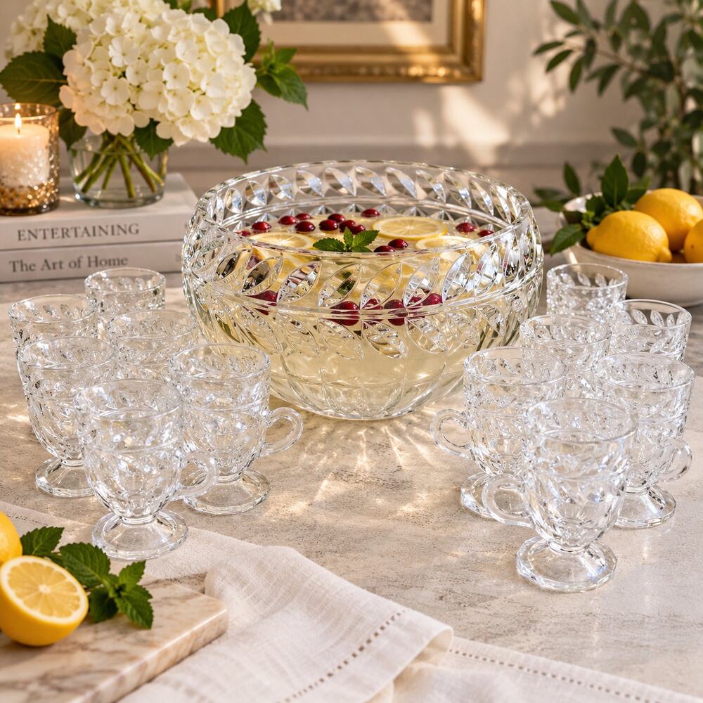 Indian Cut Glass Punch Bowl Set 13 Pc Bowl 12 Footed Cups Leaf Design